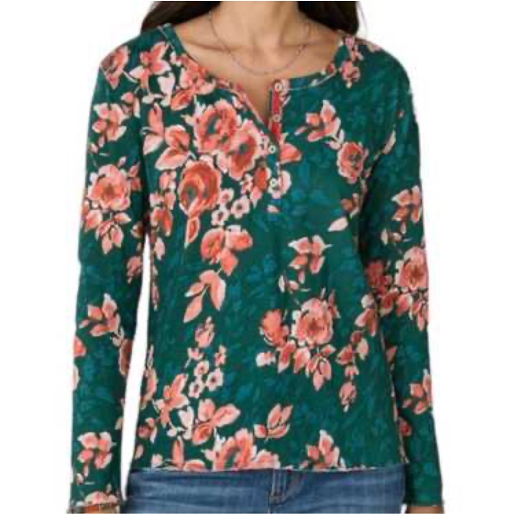 Sundance Floral Henley Shirt Green Coral 100% Cotton Long Sleeve Top XS